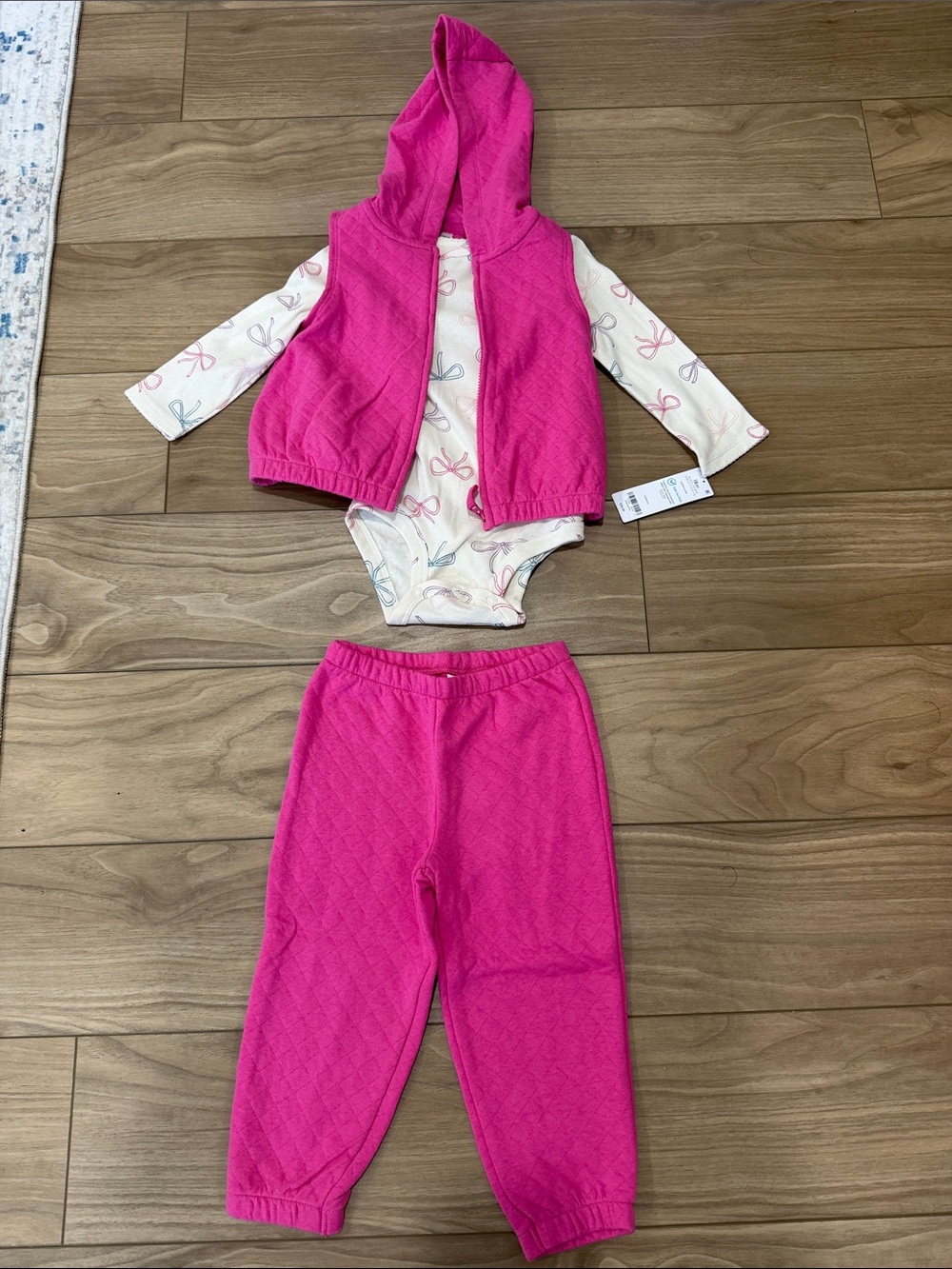 Baby 3-Piece Pink Quilted Hoodie Set with Bow Print Bodysuit